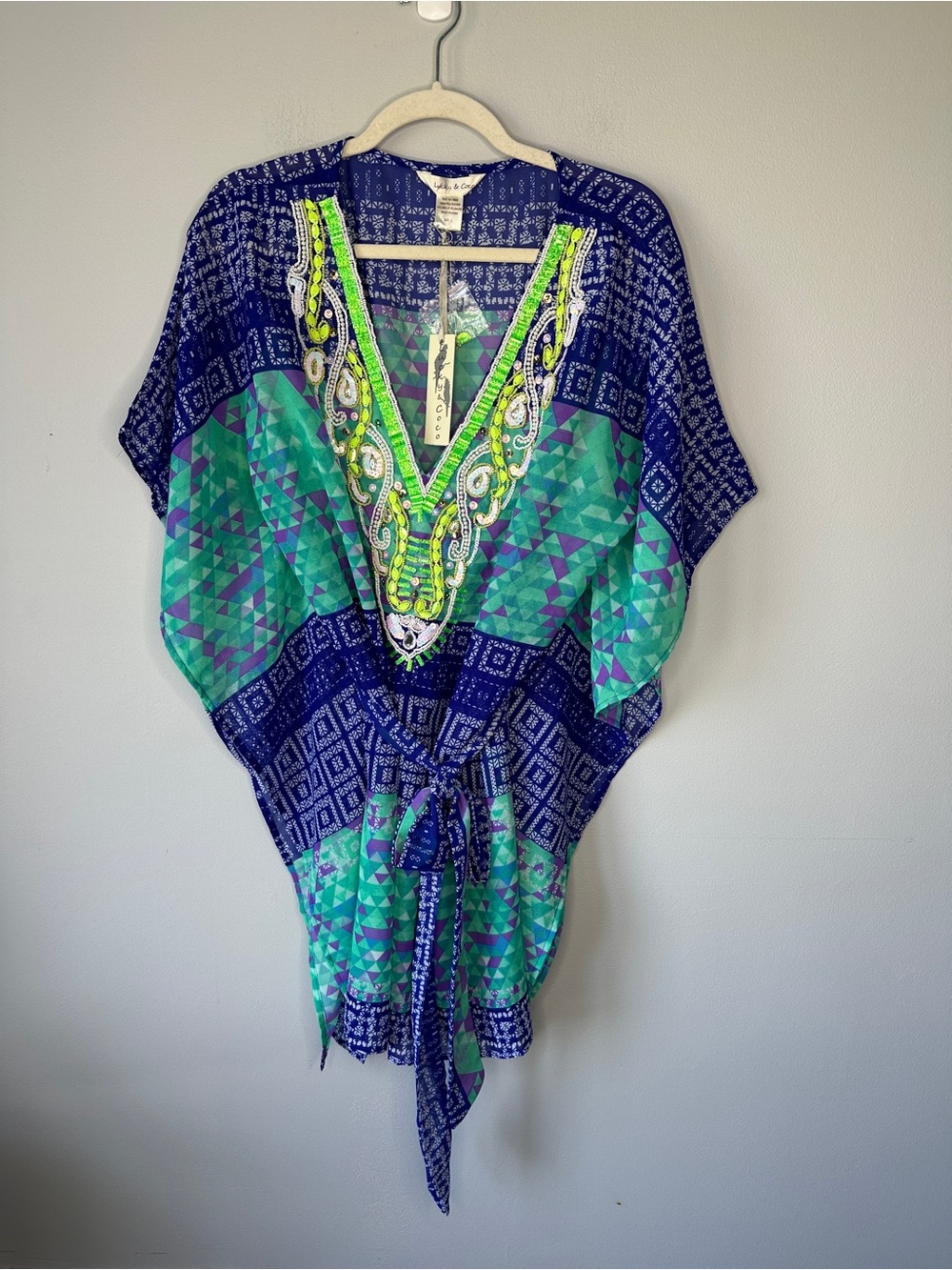 Embroidered V-Neck Blue & Green Swim Coverup Tunic